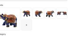 Meenakari art elephant figurine in royal blue with red and gold floral enamel caparison and upward trunk shown individually and as a pair from multiple angles