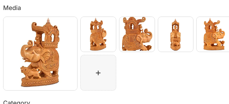 Handcrafted wooden elephant figurine with ornate howdah canopy and baby elephant shown from front back left and right angles