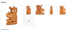Handcrafted wooden elephant figurine with ornate howdah canopy and baby elephant shown from front back left and right angles