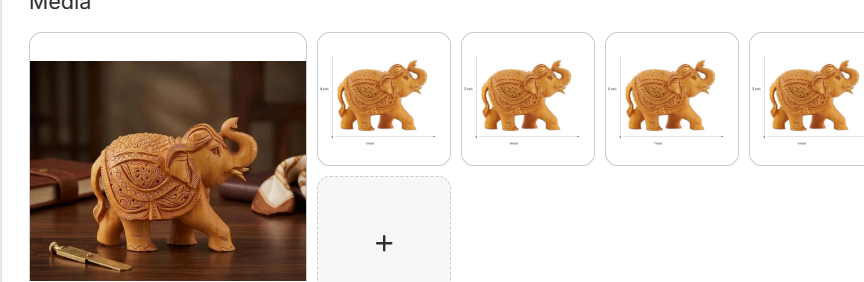 Handcrafted wooden elephant figurine with upward trunk and ornate caparison carvings shown in lifestyle setting and multiple size reference angles