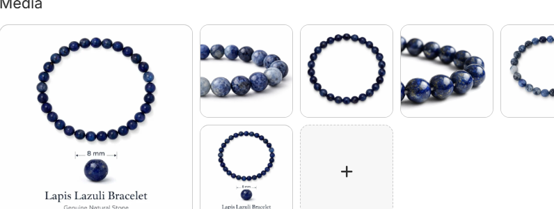 Natural lapis lazuli bracelet with 8mm deep blue genuine stone beads with gold pyrite flecks shown from multiple angles with size and label callouts