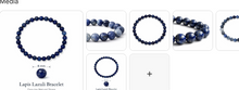 Natural lapis lazuli bracelet with 8mm deep blue genuine stone beads with gold pyrite flecks shown from multiple angles with size and label callouts