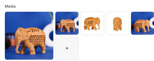 Handcrafted wooden elephant figurine with intricate jali lattice pierced work and decorative carvings shown from multiple angles on blue background