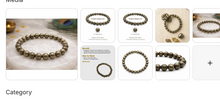 Natural pyrite crystal bracelet with metallic golden grey round beads shown with product labels benefits text lifestyle shots and multiple angles