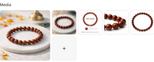 Natural red jasper crystal bracelet with rich warm brown red 8mm round beads shown on white marble in lifestyle settings and with product label card