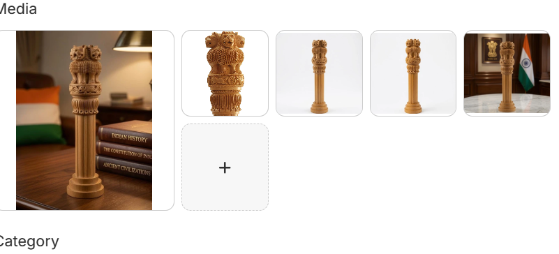 Handcrafted wooden Ashoka pillar stambh figurine with lion capital and dharma chakra shown in lifestyle setting with Indian flag and history books from multiple angles