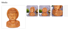 Handcrafted wooden Buddha head bust with spiral hair curls and circular halo shown from front, back and profile angles