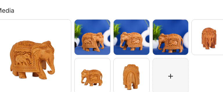 Handcrafted wooden elephant figurine with intricate caparison carvings and baby elephant motif shown from multiple angles including front back and sides