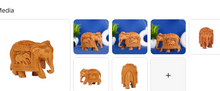 Handcrafted wooden elephant figurine with intricate caparison carvings and baby elephant motif shown from multiple angles including front back and sides