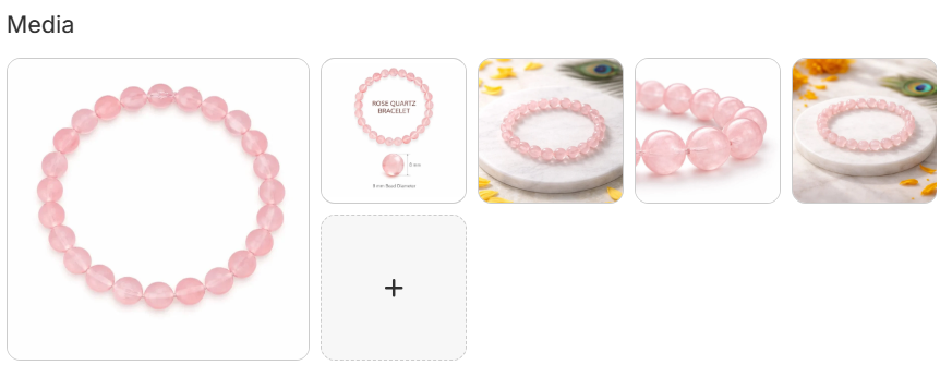 Natural rose quartz crystal bracelet with soft blush pink 8mm round beads shown on white marble lifestyle settings and with product label card