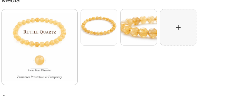 Natural rutile quartz crystal bracelet with 8mm warm golden yellow translucent beads shown with label bead size and benefits callout and close up angles