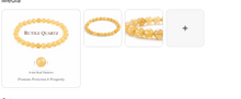 Natural rutile quartz crystal bracelet with 8mm warm golden yellow translucent beads shown with label bead size and benefits callout and close up angles