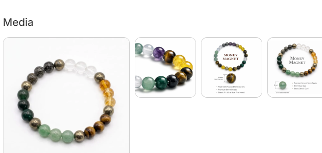 Money Magnet multi-crystal bracelet with Tiger Eye Citrine Pyrite Green Aventurine Amethyst and Clear Quartz beads shown with gemstone details and benefits