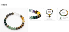 Money Magnet multi-crystal bracelet with Tiger Eye Citrine Pyrite Green Aventurine Amethyst and Clear Quartz beads shown with gemstone details and benefits