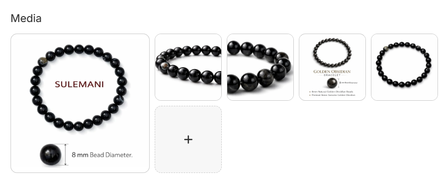 Sulemani golden obsidian bracelet with 8mm deep black beads with golden sheen shown with product label and bead size callout from multiple angles