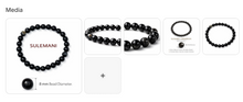 Sulemani golden obsidian bracelet with 8mm deep black beads with golden sheen shown with product label and bead size callout from multiple angles