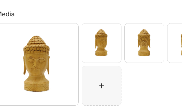 Handcrafted wooden Buddha head figurine with serene expression ushnisha and elongated earlobes shown from front side and back angles