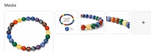 7 chakra single bracelet with multi coloured natural gemstone beads representing all seven chakras shown from multiple angles with product label card