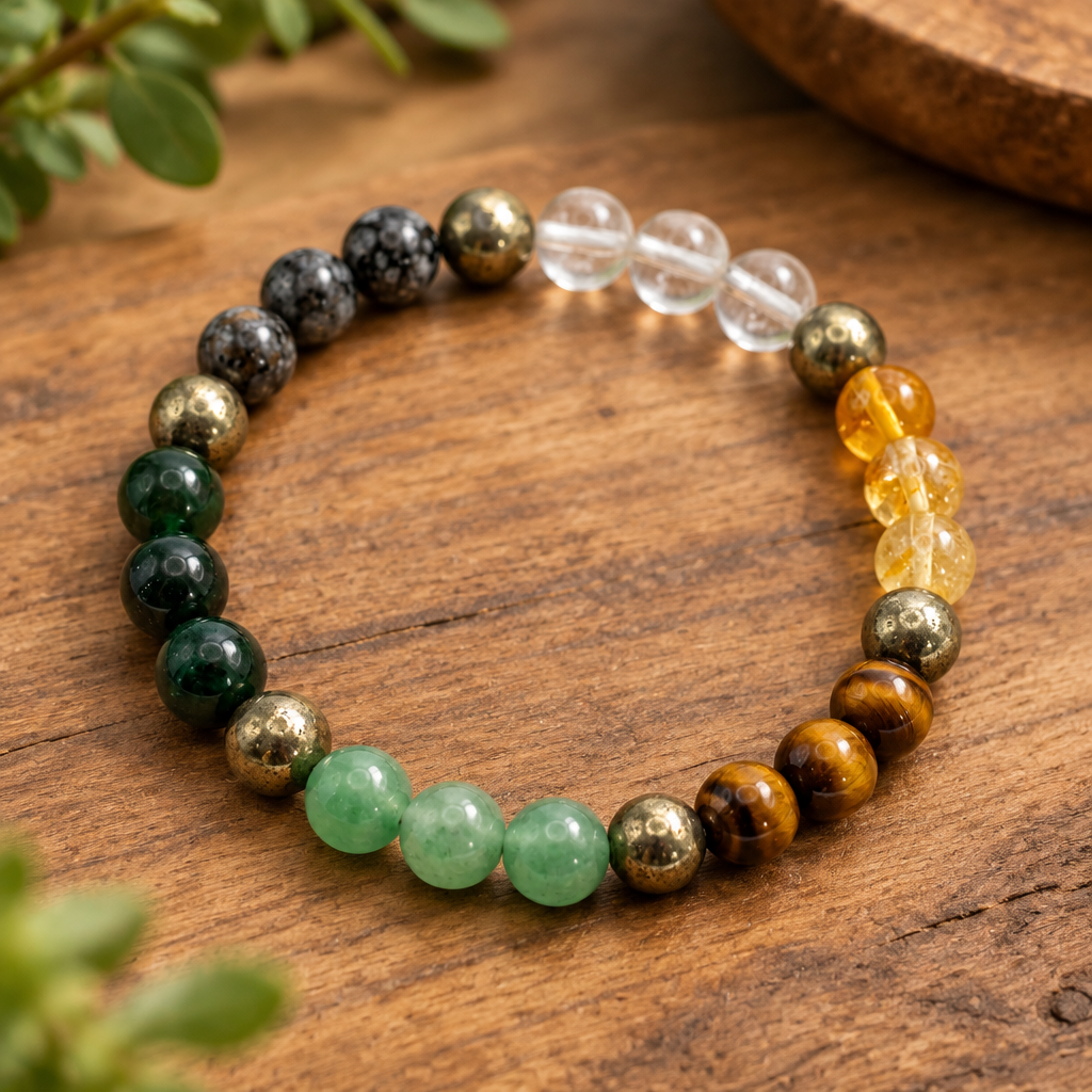 Money Magnet Multi-Crystal Bracelet – Tiger Eye, Citrine, Pyrite & Green Aventurine