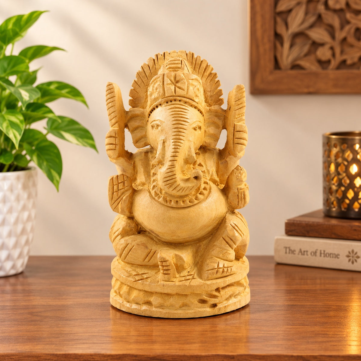 Handcrafted Wooden Ganesha Idol – Seated Ganpati Murti | Wisdom & New Beginnings