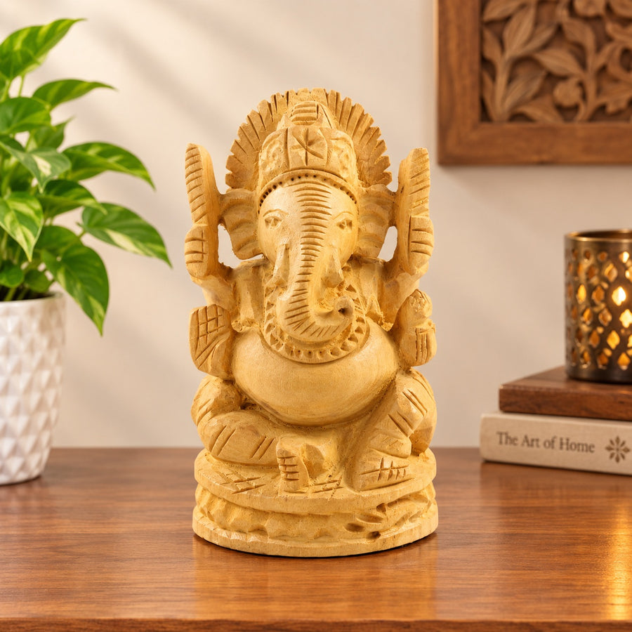 Handcrafted Wooden Ganesha Idol – Seated Ganpati Murti | Wisdom & New Beginnings