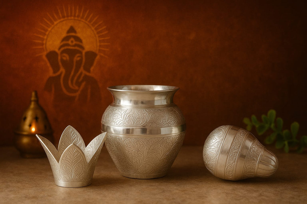 Handcrafted Silver-Finish Kalash with Lotus Lid