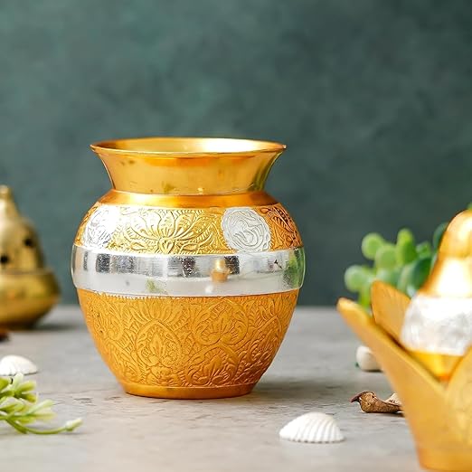 Handcrafted Gold-Finish Kalash with Lotus Lid
