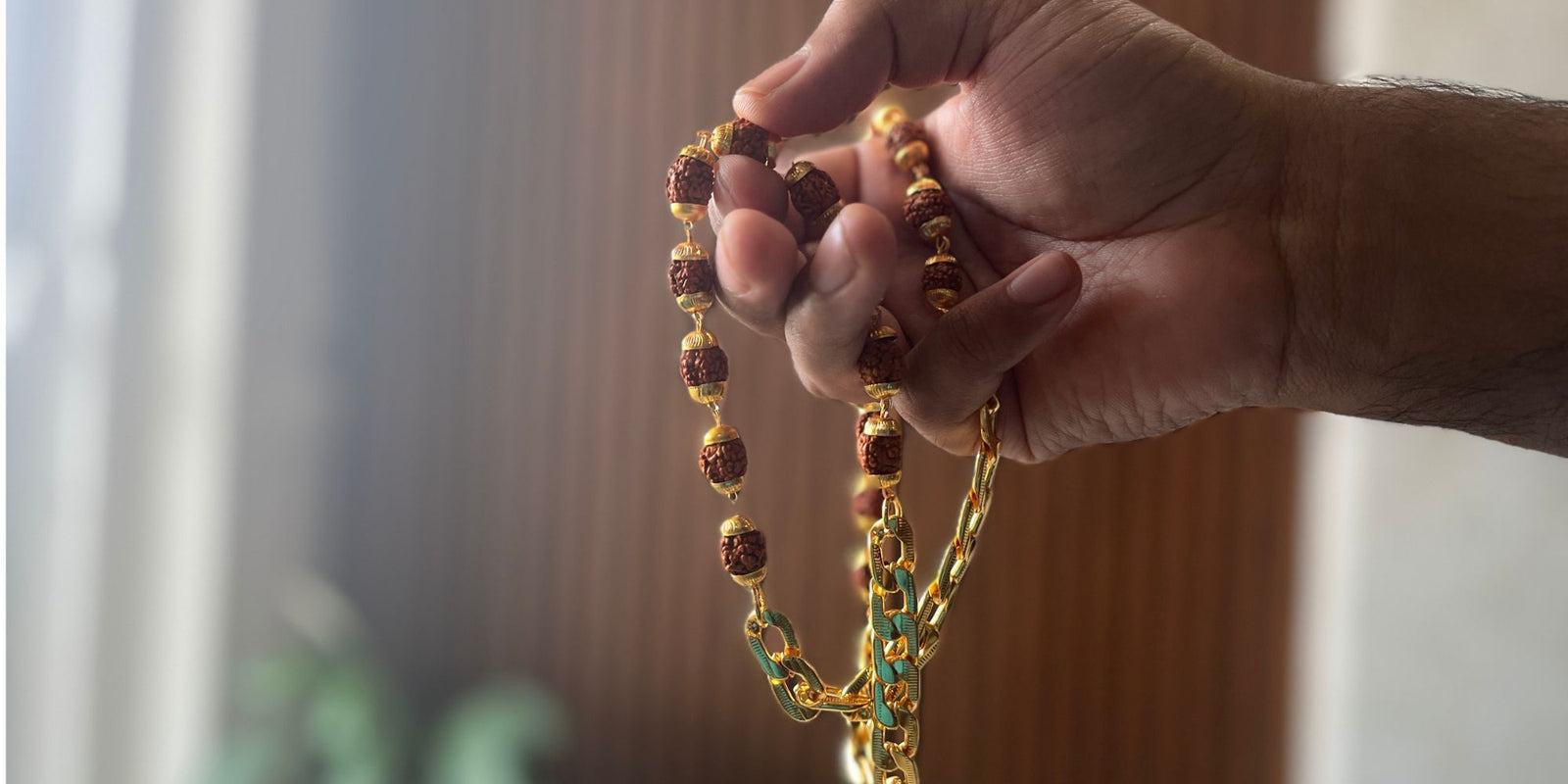 Rudraksha malas held in hand